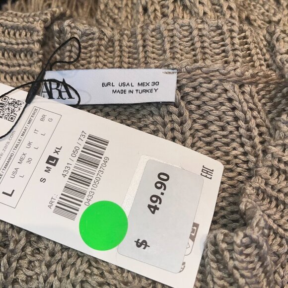 ZARA Taupe Open Cable Knit Fringe Bottom Oversized Cropped Sweater NWT - Large - Picture 9 of 14